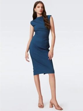 Diane Von Furstenberg Teal Fitted Cap-Sleeve Midi Dress